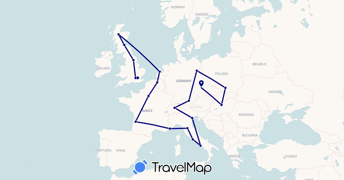 TravelMap itinerary: driving in Belgium, Switzerland, Czech Republic, Germany, France, United Kingdom, Hungary, Italy, Netherlands, Poland (Europe)