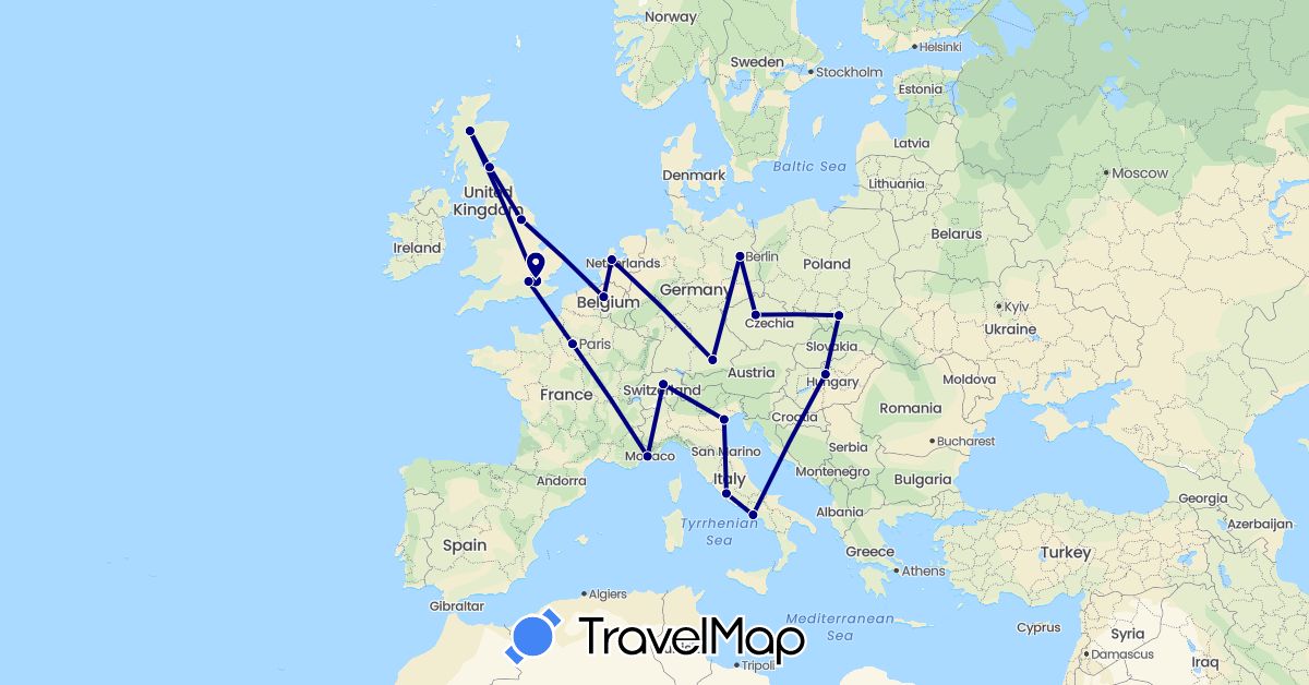 TravelMap itinerary: driving in Belgium, Switzerland, Czech Republic, Germany, France, United Kingdom, Hungary, Italy, Netherlands, Poland (Europe)